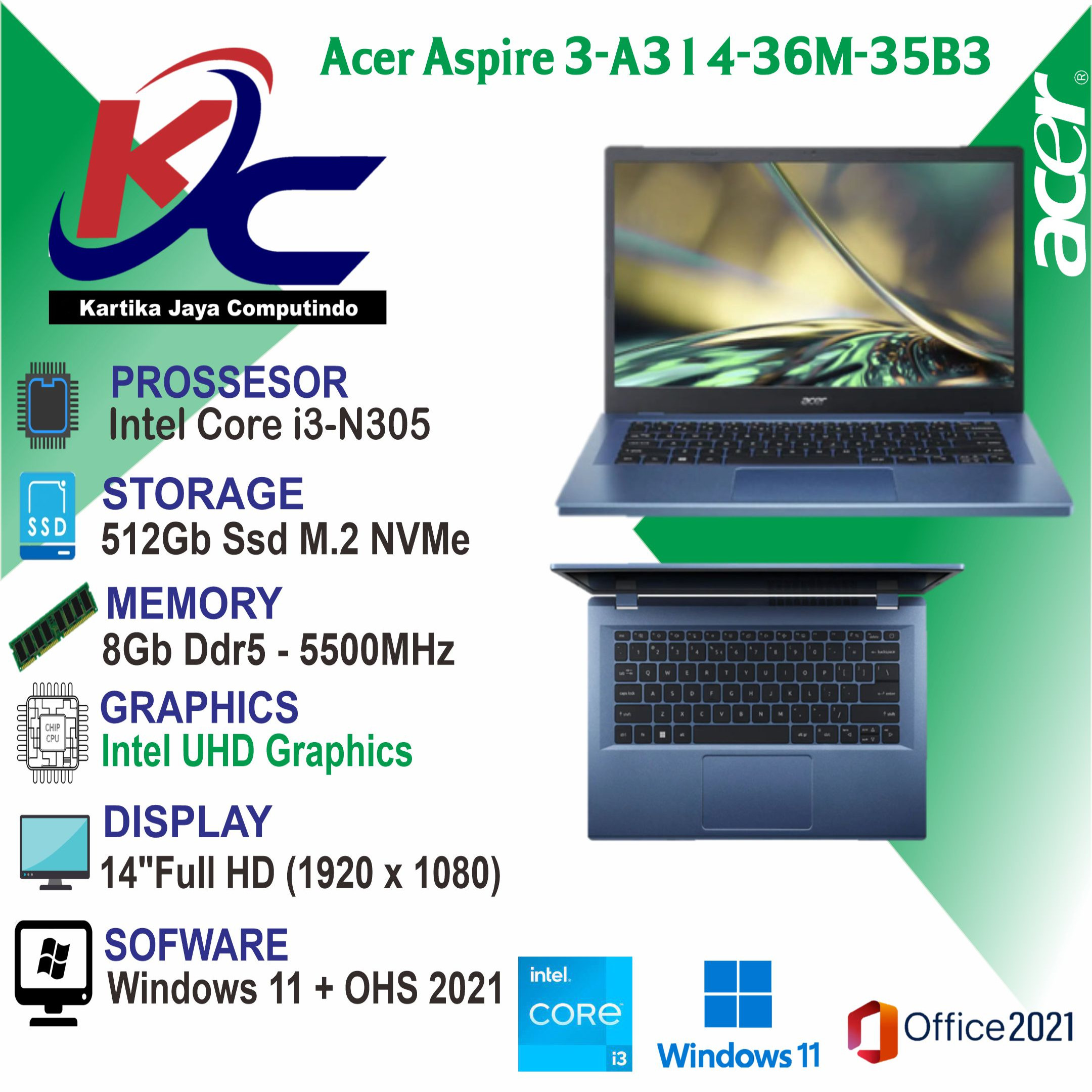 ACER A314-36M-35B3  I3-N305/ 8GB/ SSD512/ W11 OHS BLUE